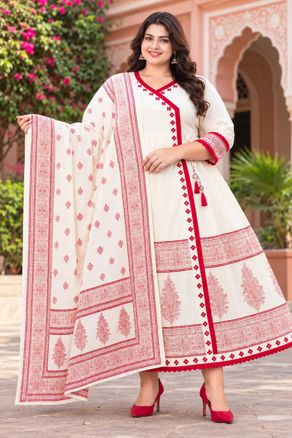 Plus Size Half White Mulmul Cotton Anarkali 3-Piece Set