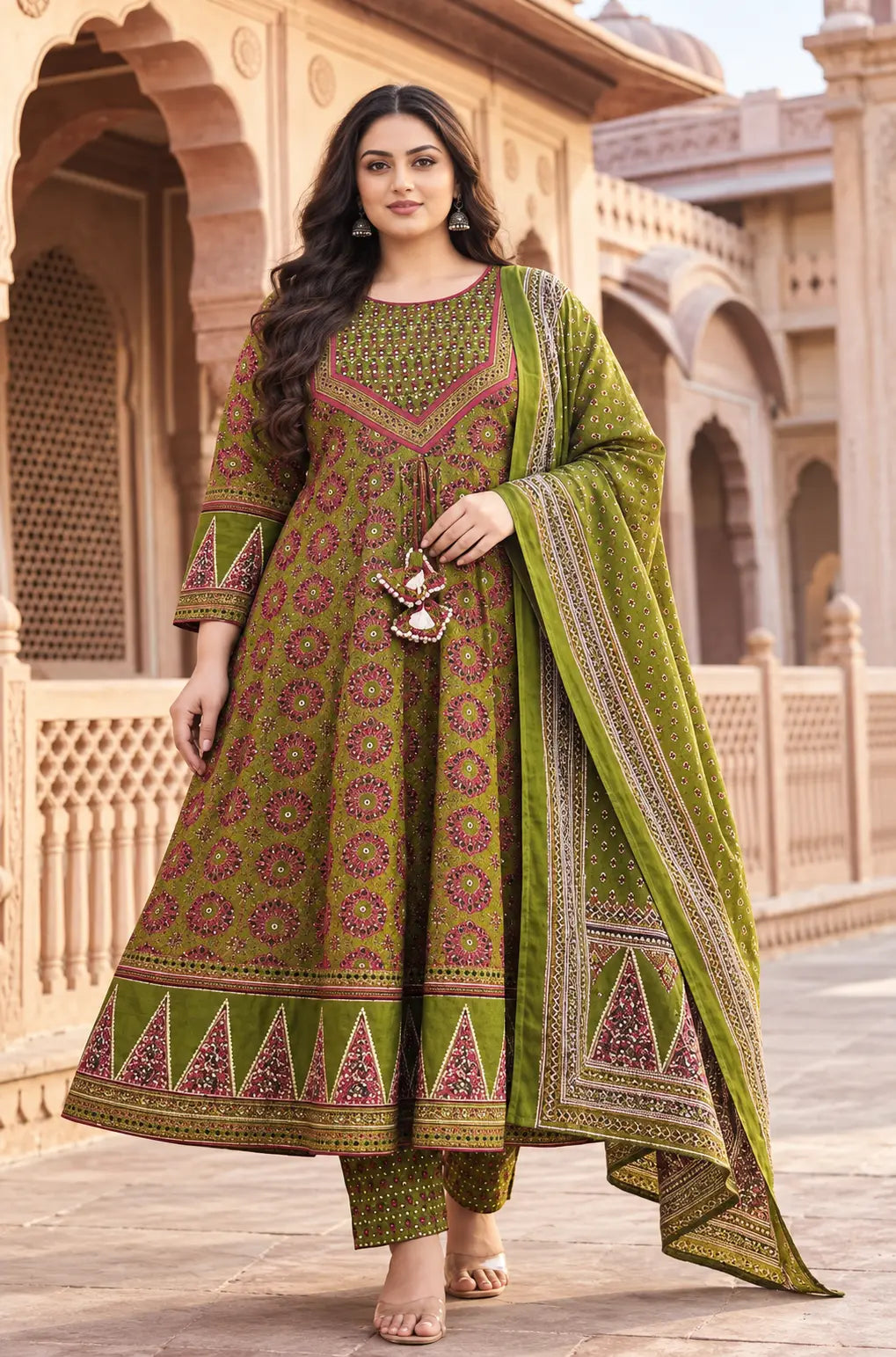 Plus Size Rayon Anarkali 3pcs Set