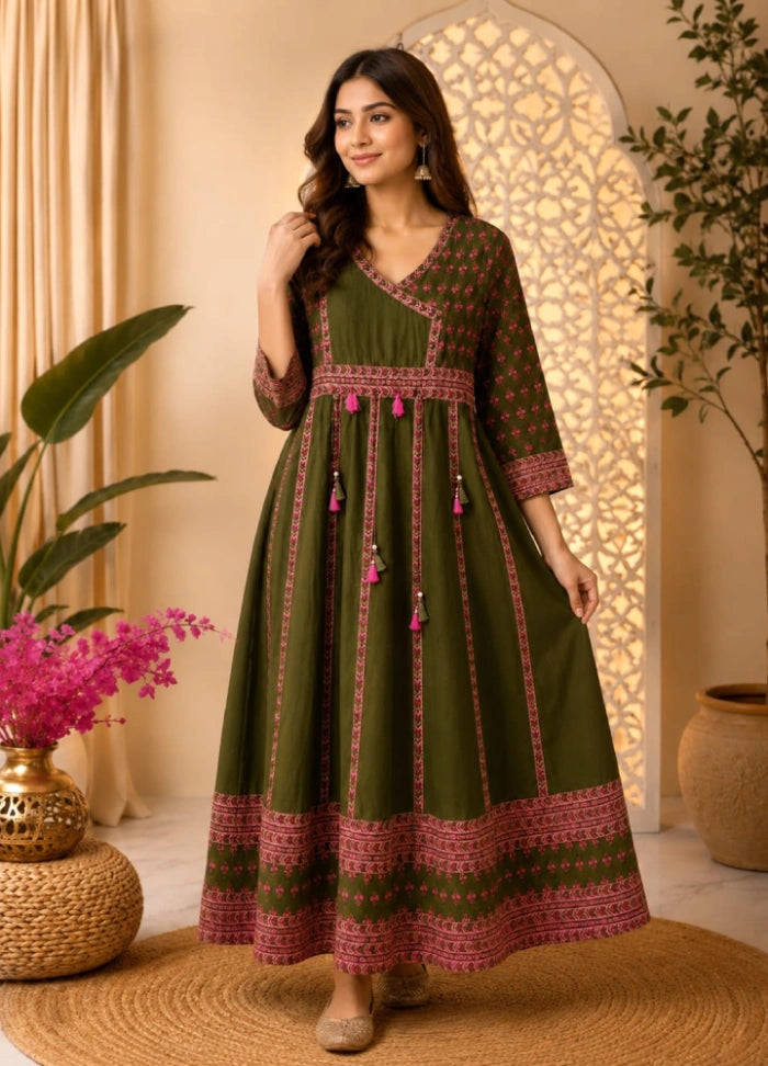 Jaipur Cotton Olive Green Pannel Cut Anarkali