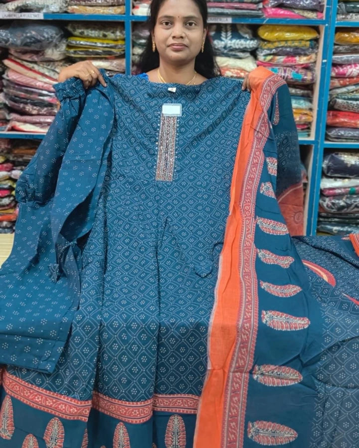 Jaipur Mulmul Cotton Panel Cut Anarkali – 3 Piece Set - Petrol Blue