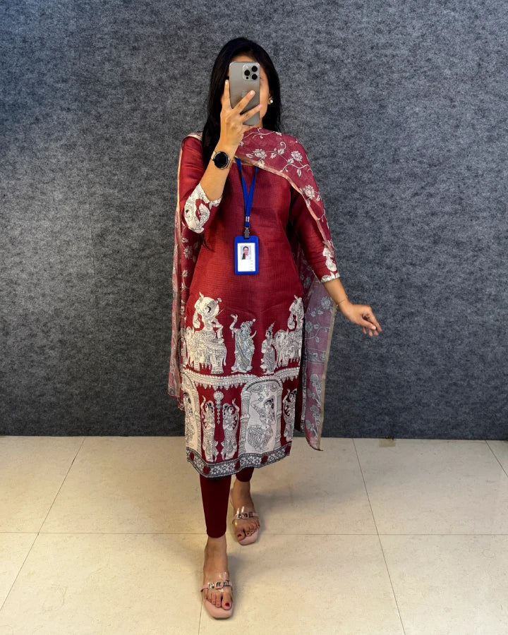 Kota Check Slit Kurti with Kalamkari Dupatta - Maroon