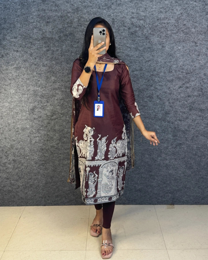 Kota Check Slit Kurti with Kalamkari Dupatta - Coffee Brown