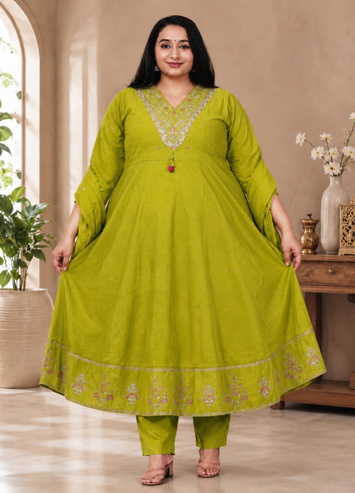 Plus Size V Neck Work - Mehandi Green (4XL - 6XL)