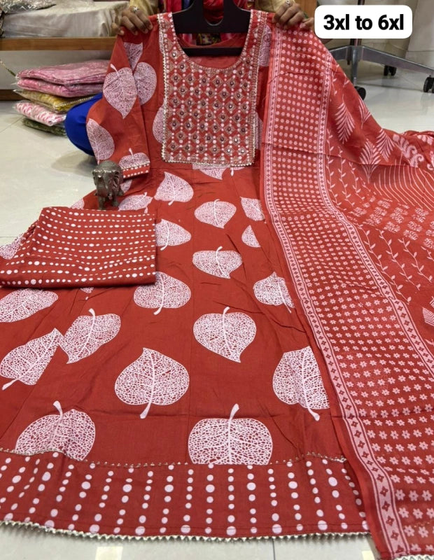 Big Size Pure Cotton Kurti Pent Duppata Set β Rust Orange