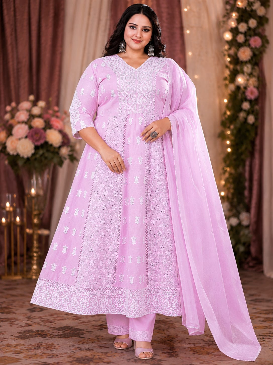 Plus Size Mulmul Cotton Thread Embroidery 3-Piece Set