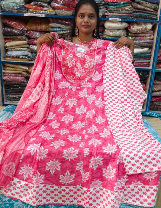 Plus Size Cotton Pannel Cut Anarkali 3pcs Set