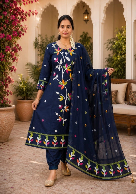 Jamdhani Fabric Thread Embroidery 3-Piece Set