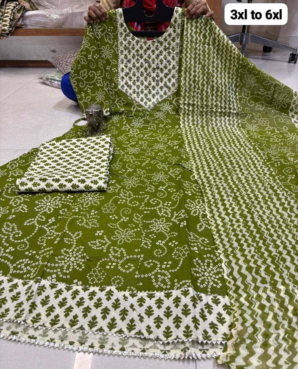 Big Size Pure Cotton Kurti Pent Duppata Set - Olive Green - SSBO2