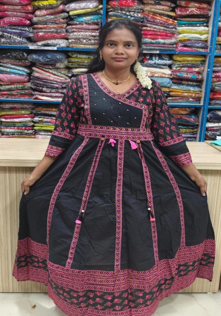 Jaipur Cotton black pink Panel Cut Anarkali