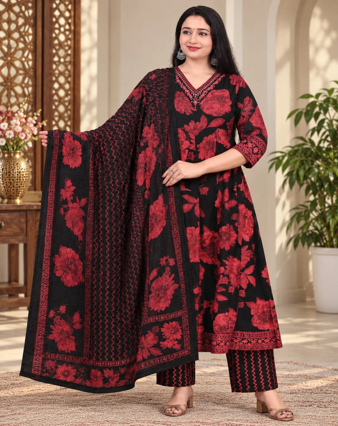 V Neck Cotton Pannel Cut Anarkali 3pcs Set