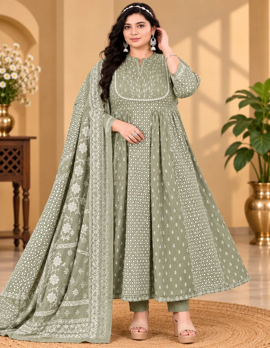 Plus Size Patch Panel Cut Anarkali Cotton 2pcs Set