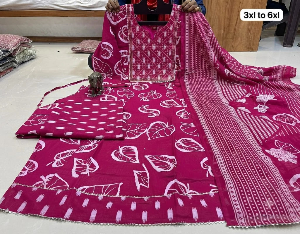 Big Size Pure Cotton Kurti Pent Duppata Set β Mejantha Pink β SSBO3