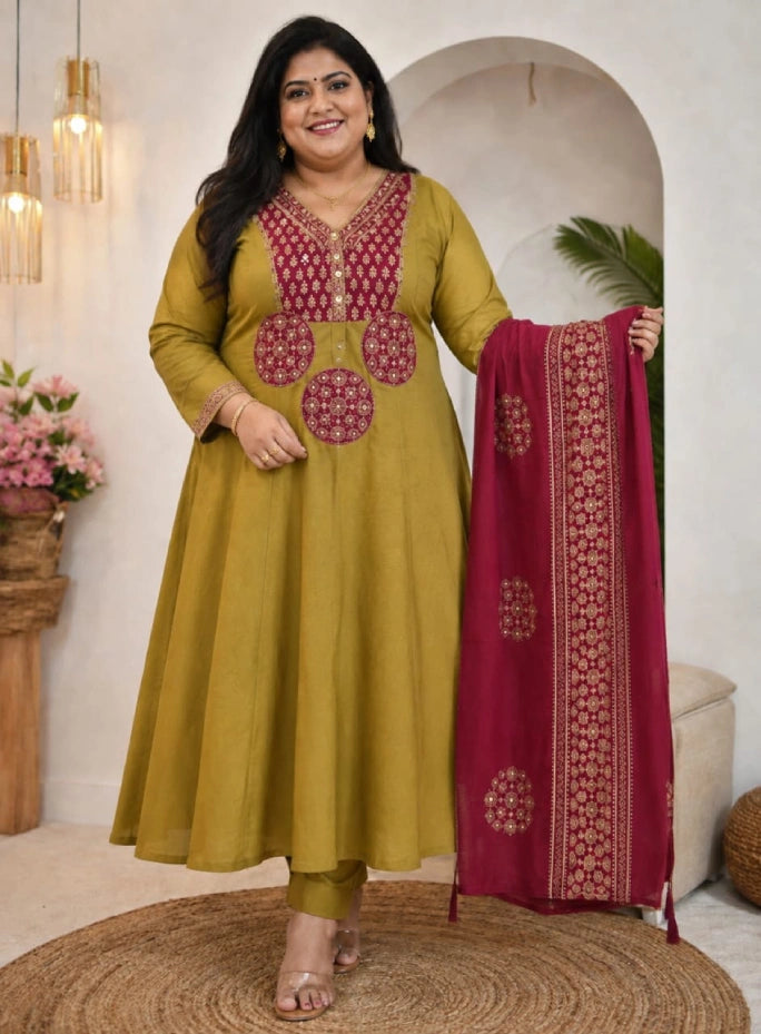 Plus Size Dhabu Cotton Aline 3pcs Set Mirror Work