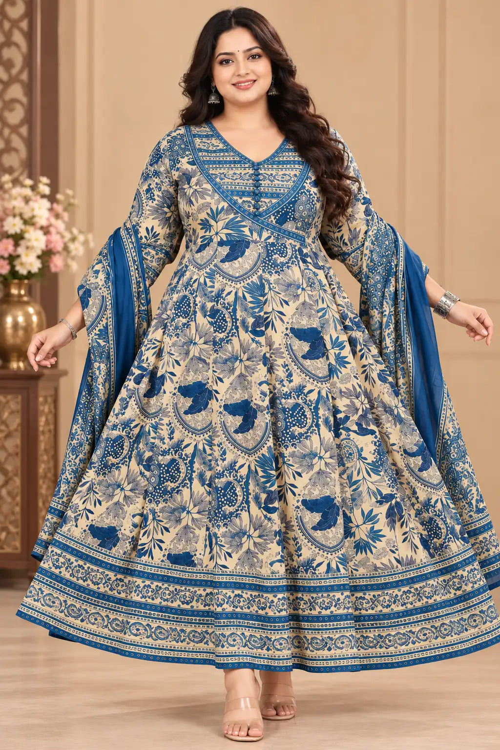 Plus Size High Neck Cotton Anarkali Set | Thread Embroidery – SSV ...