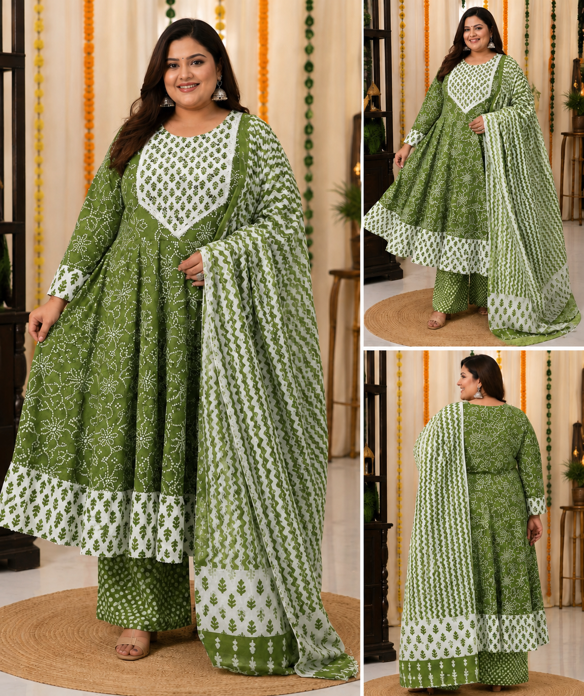 Big Size Pure Cotton Kurti Pent Duppata Set - Olive Green - SSBO2