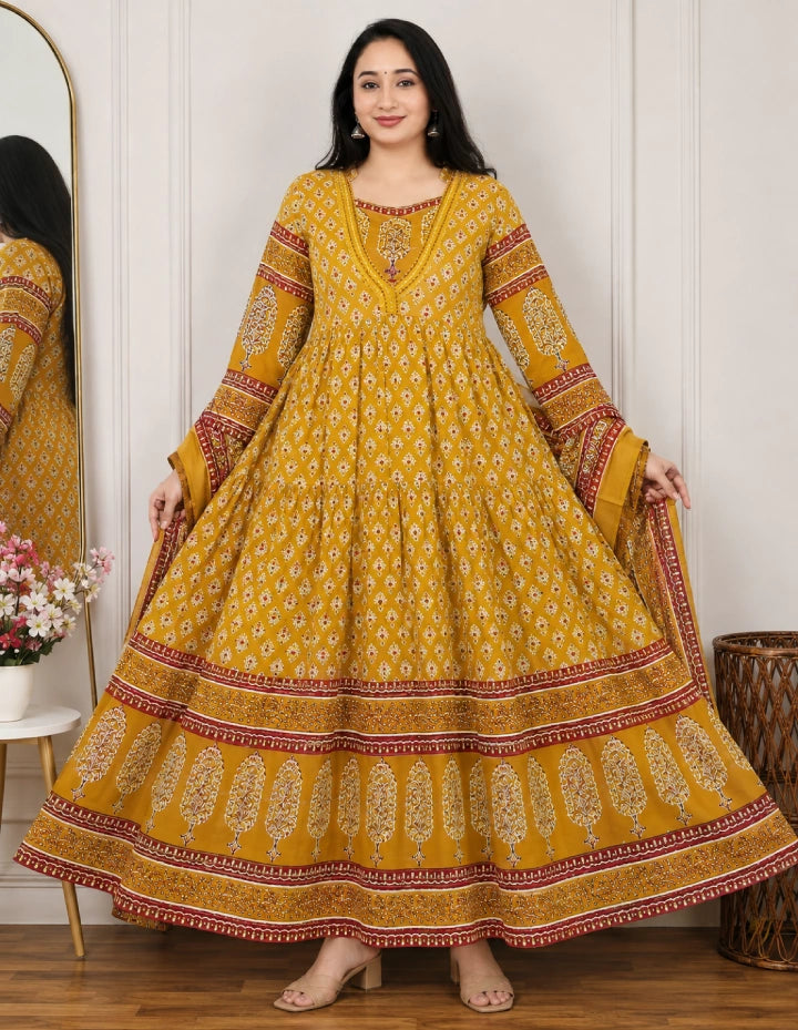 Plus Size Kalamkari 3 Tyre Umbrella With Dupatta
