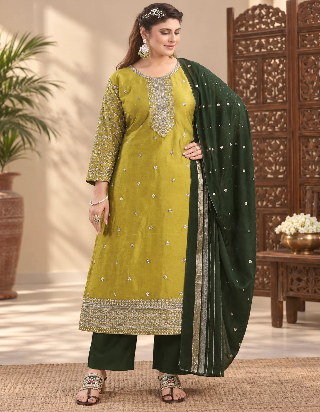 Plus Size Vizhitra Party Wear 3pcs Set Side Open