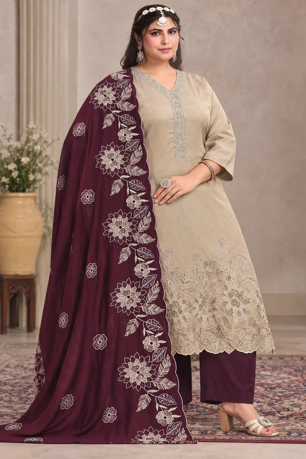 Plus Size Vizhitra silk Party Wear 3pcs Set Side Open