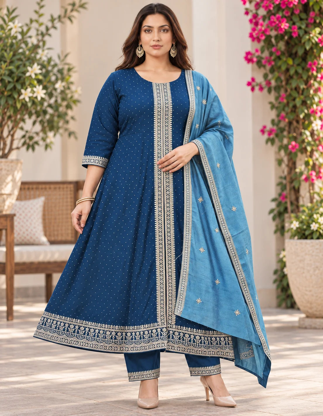 Plus Size Vizhitra Silk Anarkali Centre Slit 3pcs Set