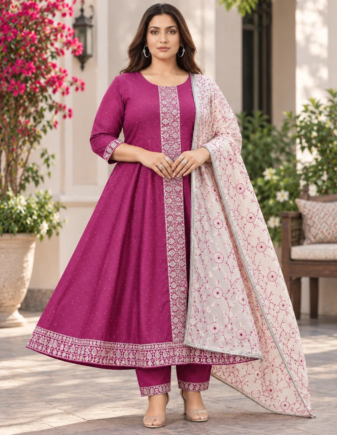Plus Size Vizhitra Silk Anarkali Centre Slit 3pcs Set