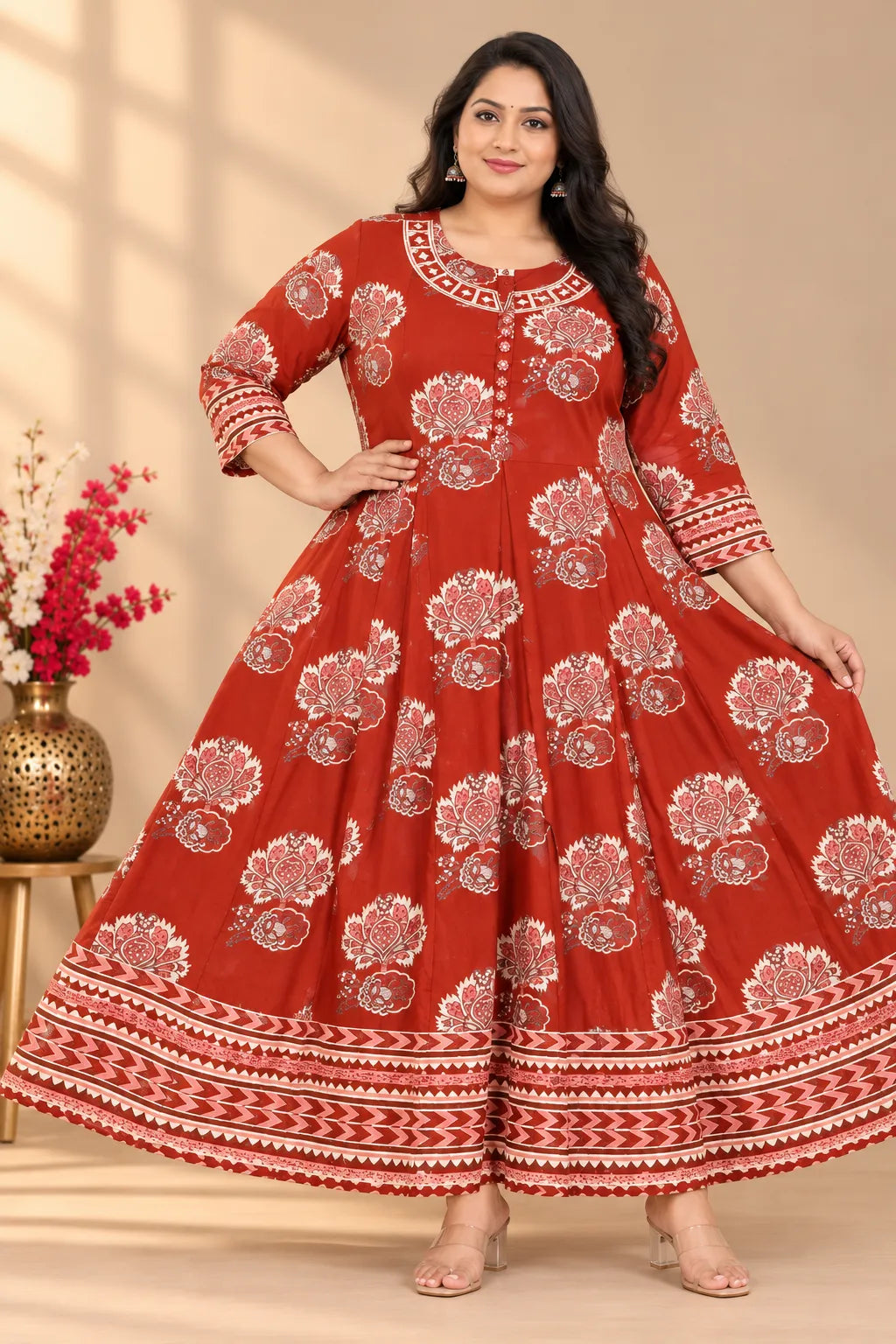Thread Specification For Fabric Plus Size High Neck Cotton Anarkali Set | Thread Embroidery – SSV ...