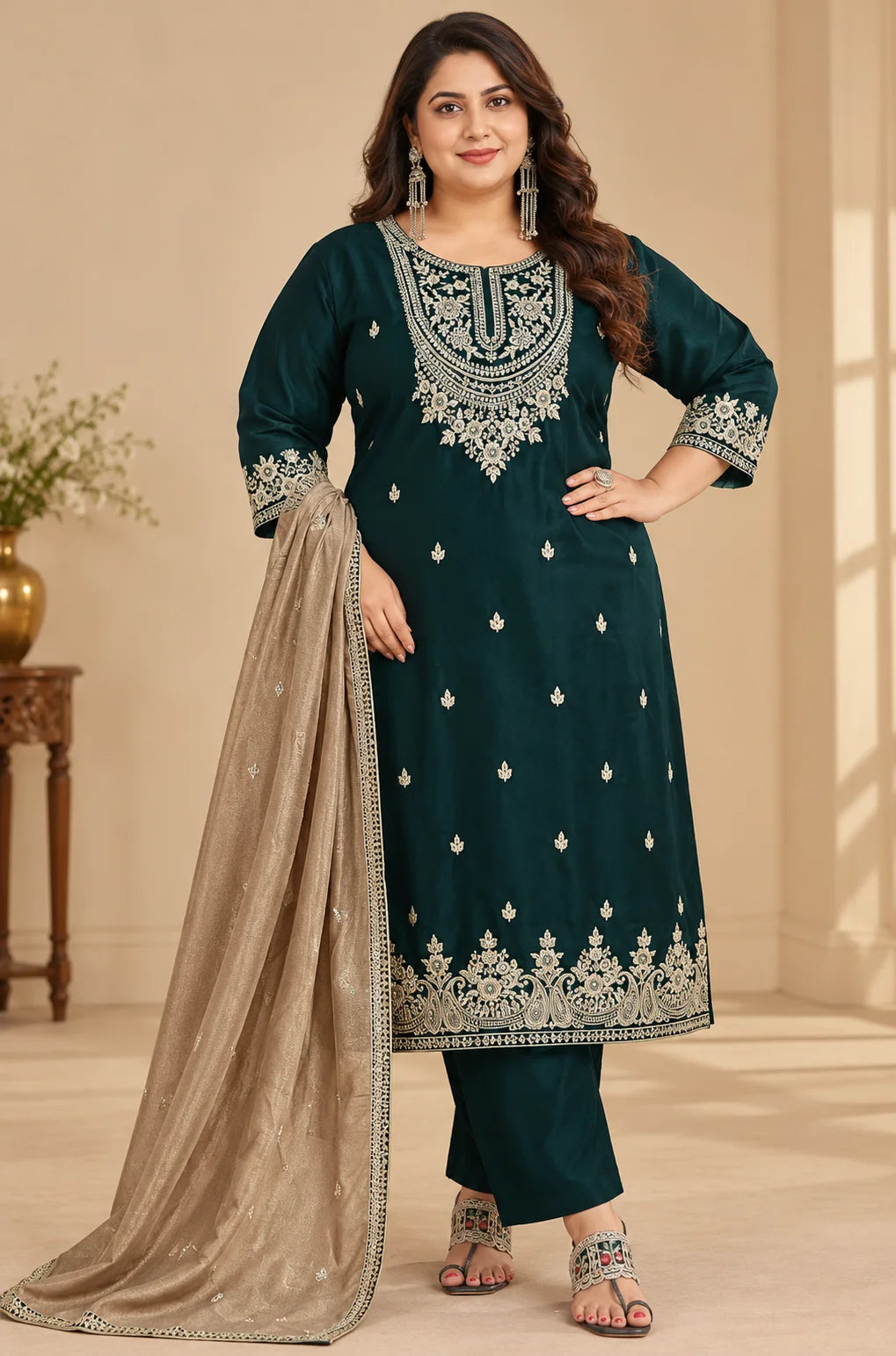 Plus Size ViChitra Silk Party Wear Premium 3-Piece Set