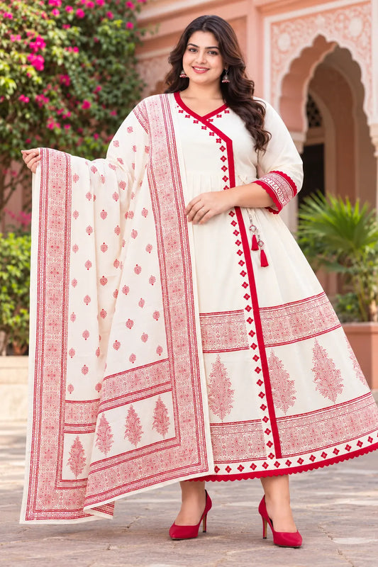 Plus Size Half White Mulmul Cotton Anarkali 3-Piece Set
