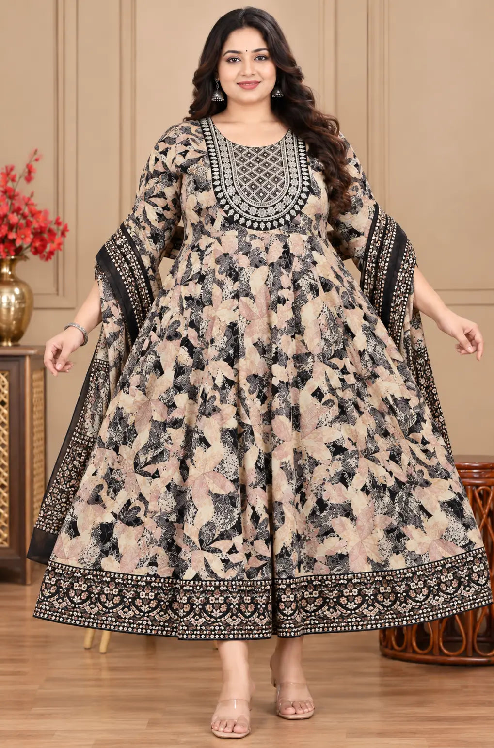 Plus Size Patchwork Anarkali Cotton 2pcs Set