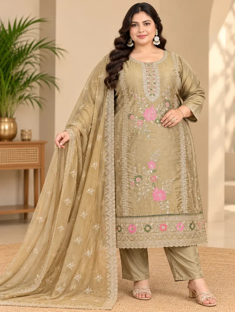 Copper Plus Size Salsa Glass Aari Work 3 Piece Set with embroidered top, pant and dupatta