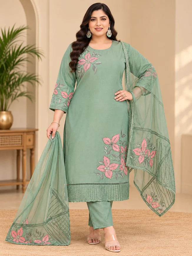 Pista Green Plus Size Mulchantheri Sequence Work 3 Piece Set