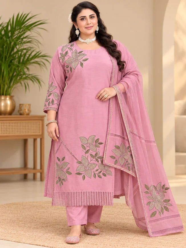 Rose Gold Plus Size Mulchantheri Sequence Work 3 Piece Set