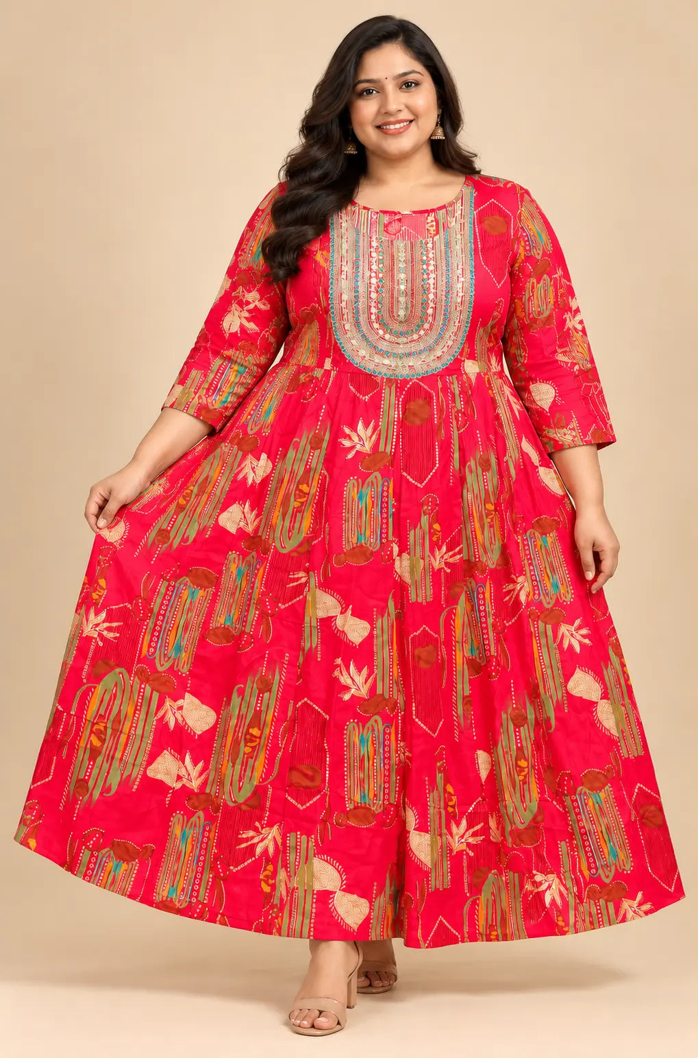 Plus Size Rayon Anarkali - Elegant Panel-Cut Design
