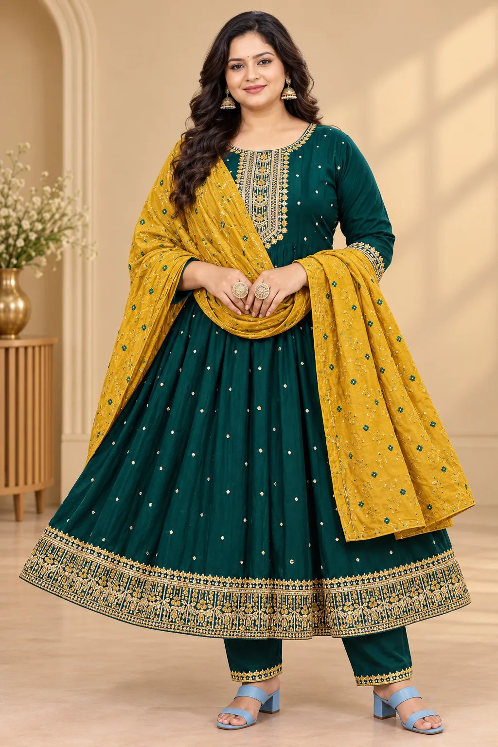 Plus Size High Neck Cotton Anarkali Set | Thread Embroidery – SSV ...