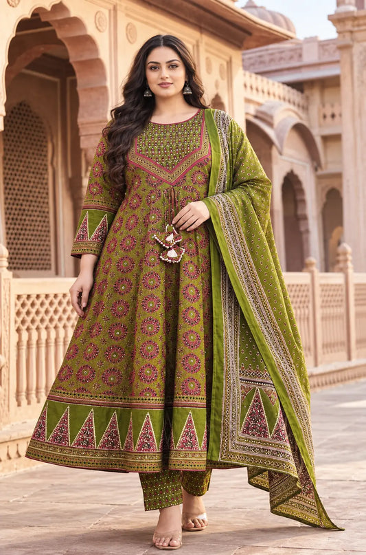 Plus Size Rayon Anarkali 3pcs Set