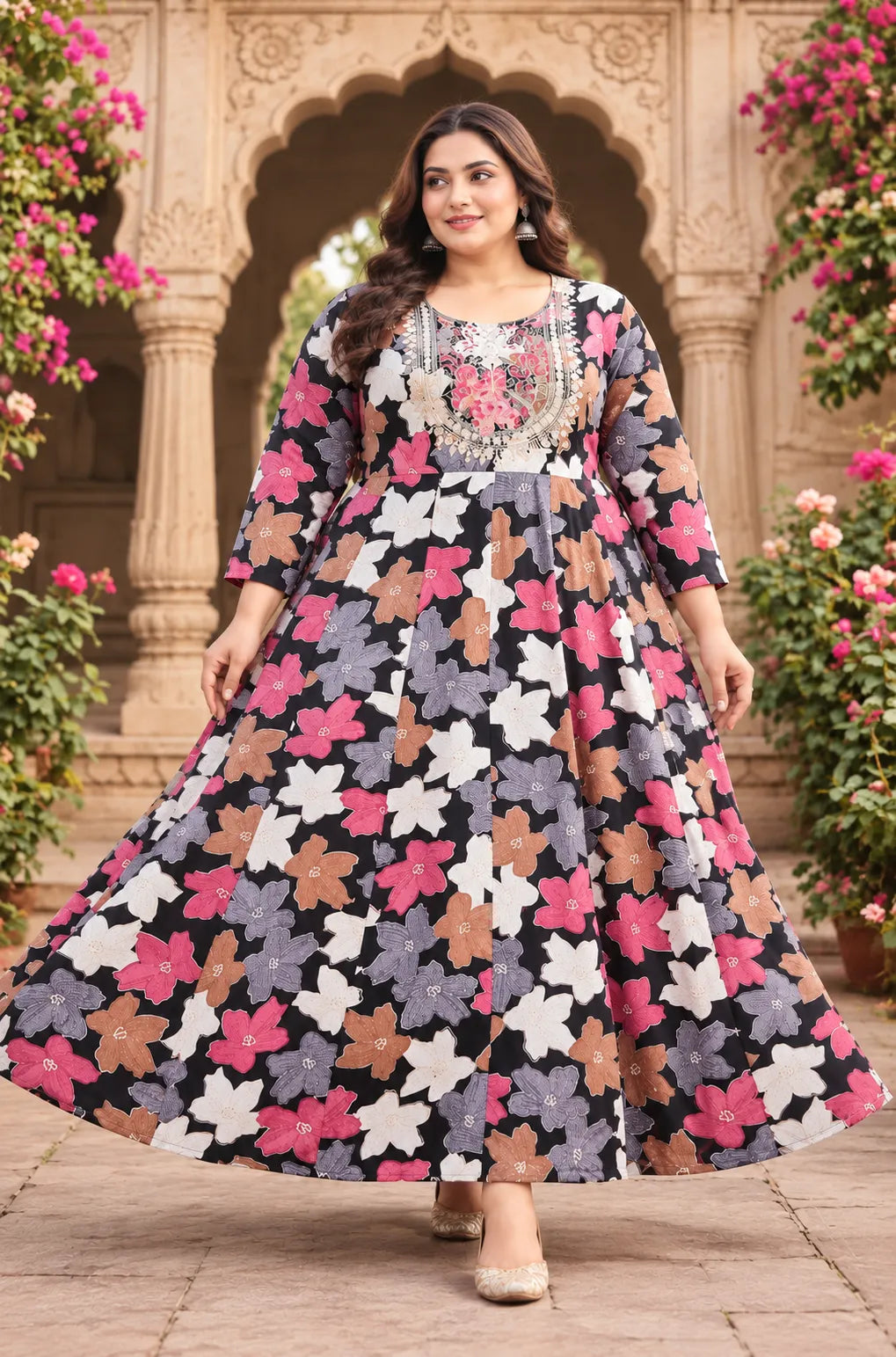 Plus Size Rayan Emporidary Multi Colour Anarkali