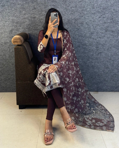Kota Check Slit Kurti with Kalamkari Dupatta - Coffee Brown
