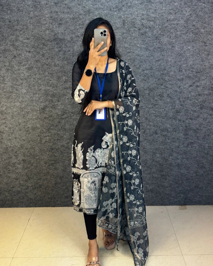Kota Check Slit Kurti with Kalamkari Dupatta - Black