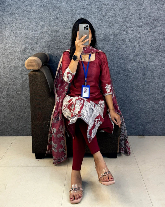 Kota Check Slit Kurti with Kalamkari Dupatta - Maroon