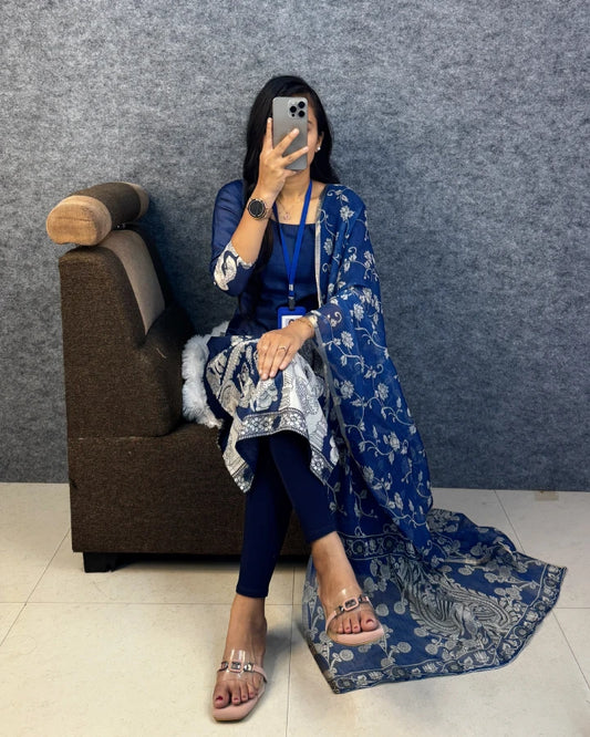 Kota Check Slit Kurti with Kalamkari Dupatta - Royal Blue