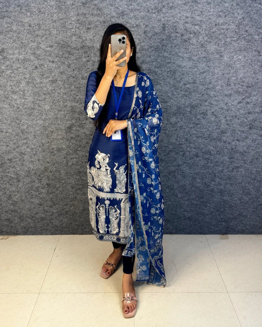 Kota Check Slit Kurti with Kalamkari Dupatta - Royal Blue