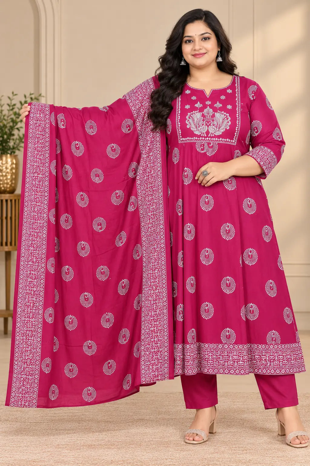 Plus Size High Neck Cotton Anarkali Set | Thread Embroidery – SSV ...