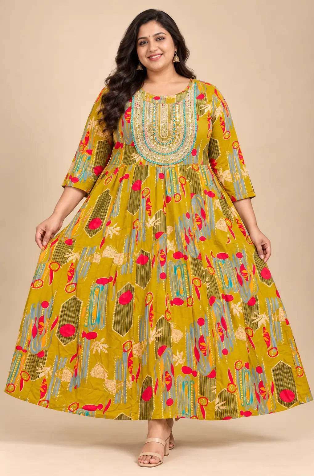 Plus Size Rayon Anarkali - Elegant Panel-Cut Design