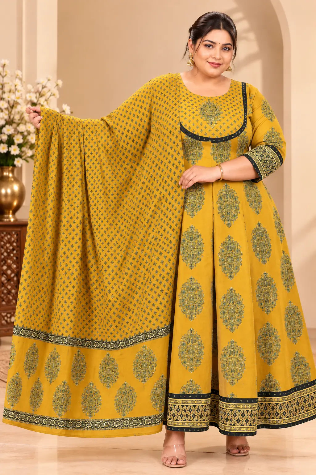 Plus Size Mirror Work Anarkali With Dupatta