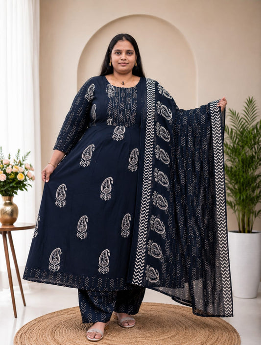 Plus Size Rayon Mirror Panel Cut Anarkali 3pcs Set - (5XL to 8XL)