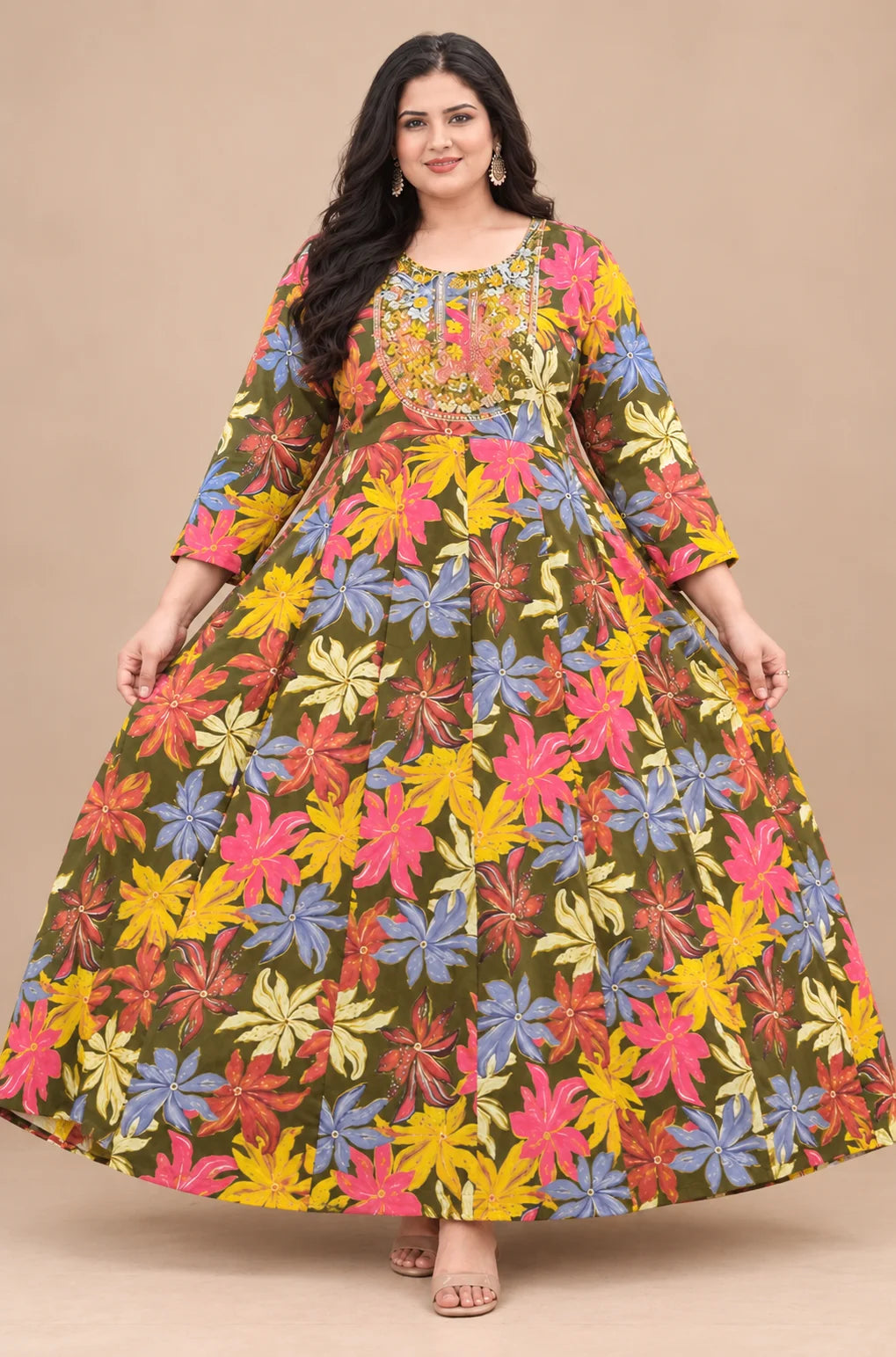 Plus Size Rayan Emporidary Multi Colour Anarkali