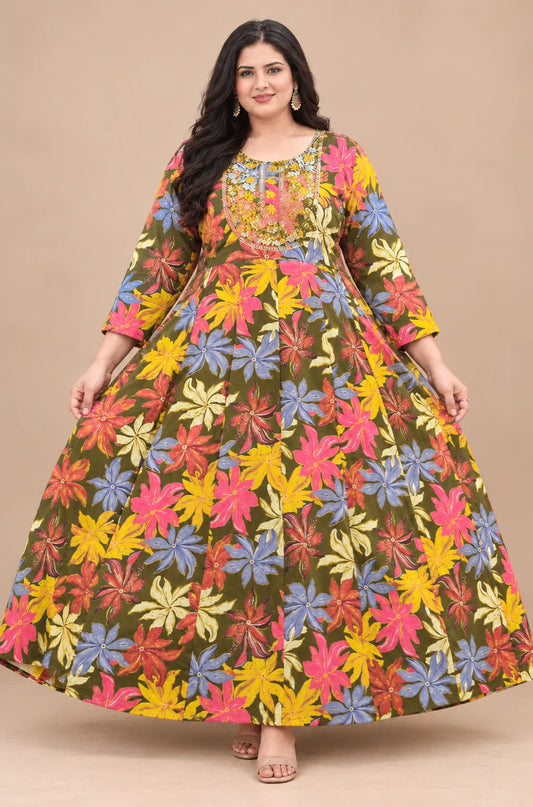 Plus Size Rayan Emporidary Multi Colour Anarkali