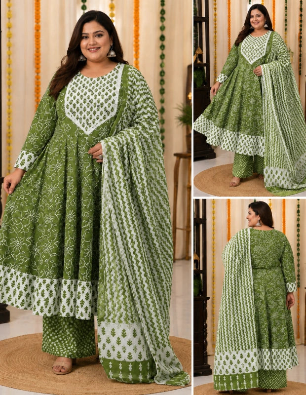 Big Size Pure Cotton Kurti Pent Duppata Set – Olive Green – SSBO2