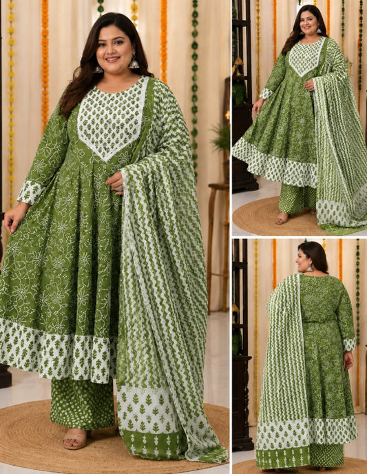 Big Size Pure Cotton Kurti Pent Duppata Set – Olive Green – SSBO2