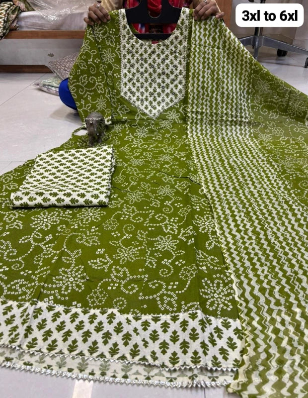 Big Size Pure Cotton Kurti Pent Duppata Set – Olive Green – SSBO2