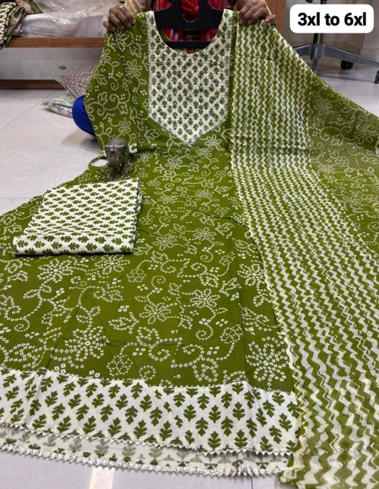 Big Size Pure Cotton Kurti Pent Duppata Set – Olive Green – SSBO2